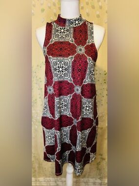 Kersh Geometric Tile Print Sleeveless Shift Dress Size Small S/P Red Black Mod